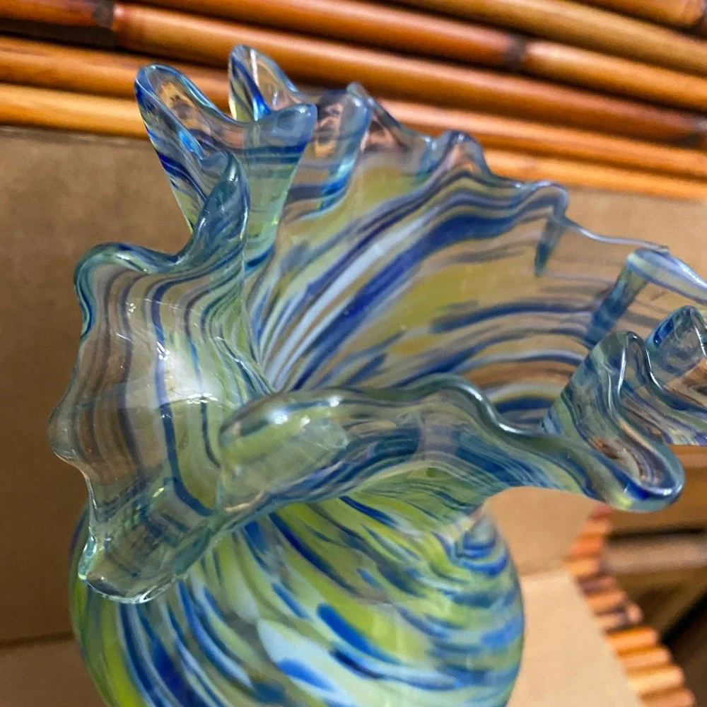Blue Green swirl‎ ruffle top glass vase